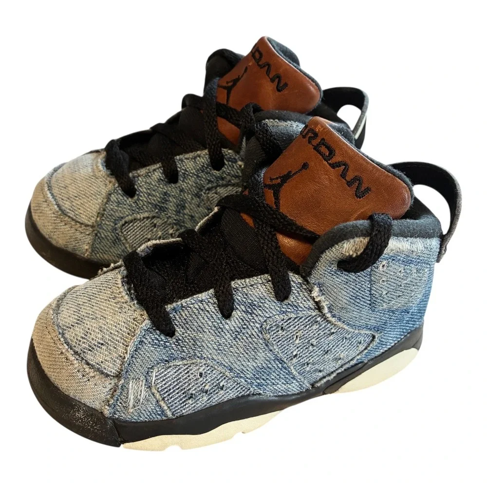 Air Jordan 6 Retro Denim Toddler Shoes‎ CV5488-401 Blue Black Brown Sneakers